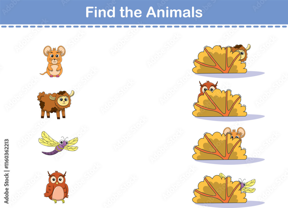 Fototapeta premium Find Hiding Animals. Child Exercise Sheet with wild animals. Printable worksheet. Cartoon vector illustration