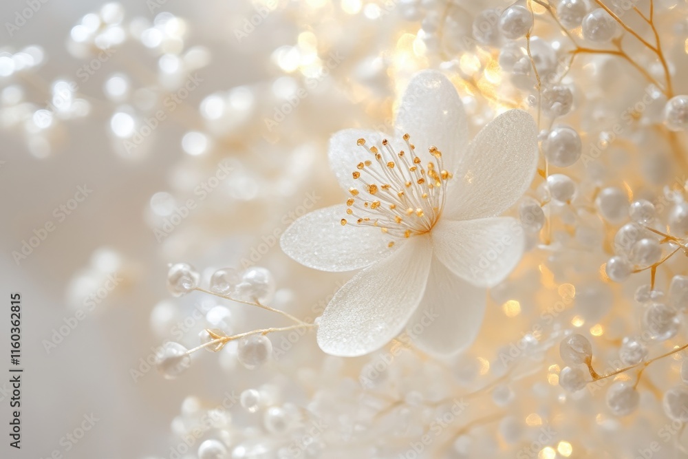 Close-up of delicate white flower with pearl accents and warm lights. Close-up of delicate white flower with pearl accents and warm lights.