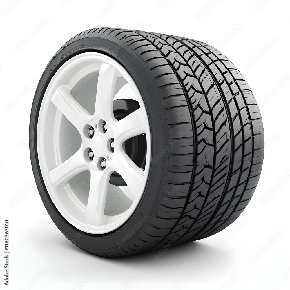 A stylish white alloy wheel mounted on a performance tire, showcasing tread design and grip. A stylish white alloy wheel mounted on a performance tire, showcasing tread design and grip.