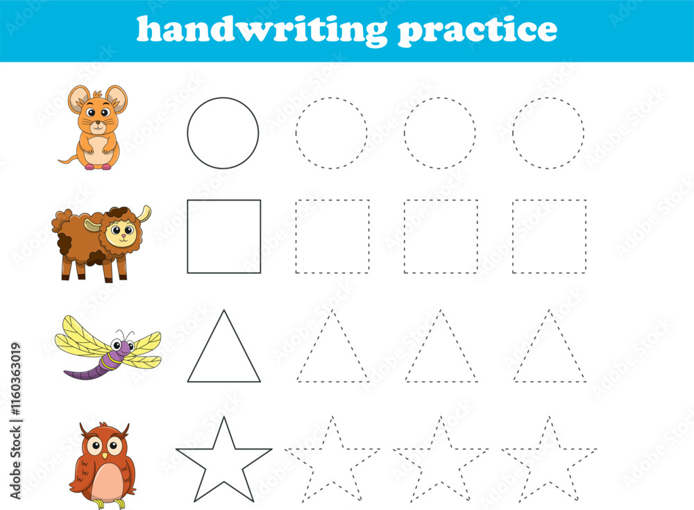 Fototapeta premium Handwriting Practice. Tracing lines of different shape for kids with animals. Vector Illustration