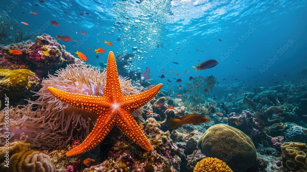 Orange Starfish and Vibrant Coral Reef Ecosystem Orange Starfish and Vibrant Coral Reef Ecosystem