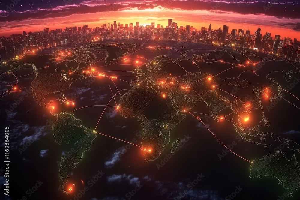 Global network connections at sunset over a city. Global network connections at sunset over a city.