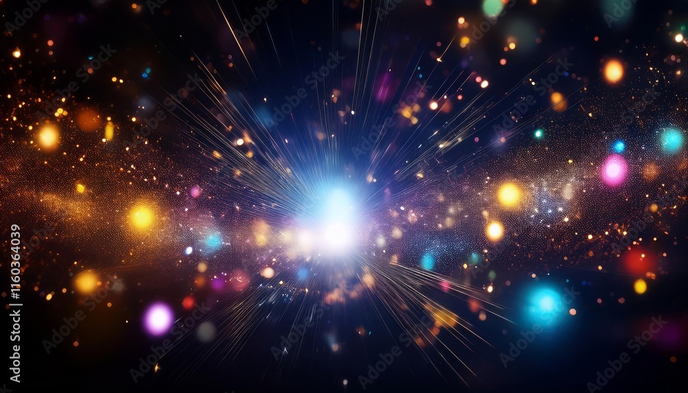 A cosmic display of floating, multicolored light fragments and sparkles against a dark background A cosmic display of floating, multicolored light fragments and sparkles against a dark background