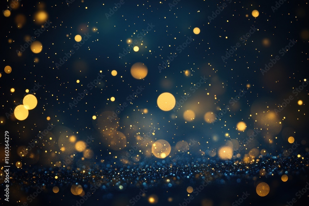 Abstract dark blue background with gold bokeh lights and glitter. Abstract dark blue background with gold bokeh lights and glitter.
