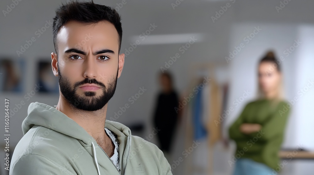 Obraz premium Close-up Photo: Intensely Focused Man, Arguing Couple Blurred Background. AI Generated