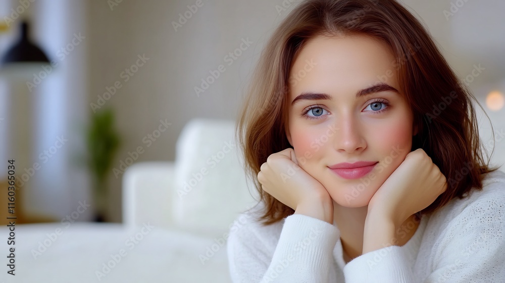 Close-up Photo: Serene Woman Smiling Gently in Cozy Home Interior. AI Generated Close-up Photo: Serene Woman Smiling Gently in Cozy Home Interior. AI Generated