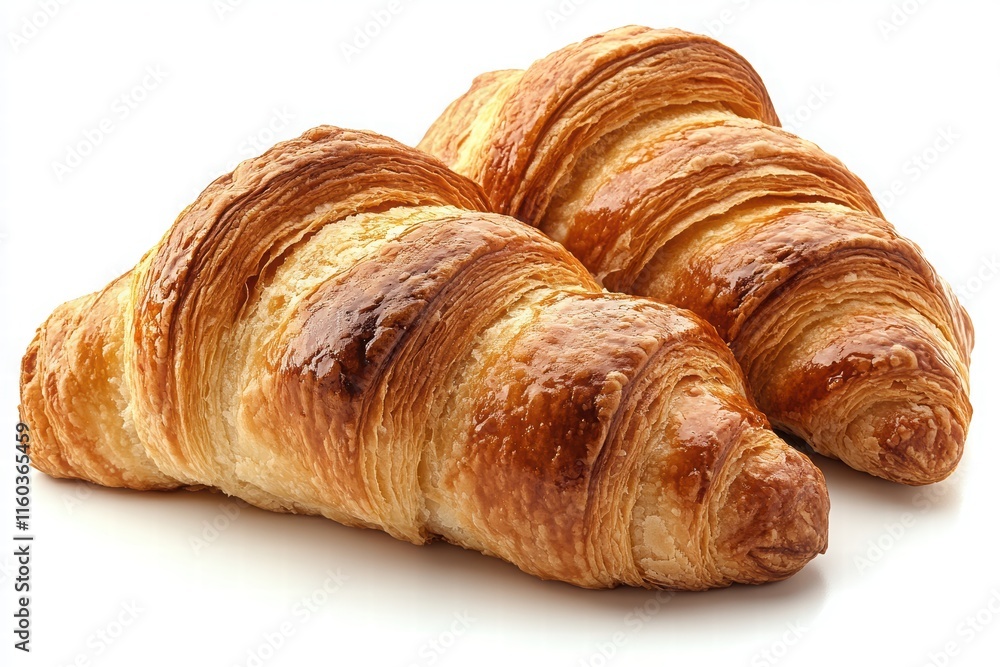 Two freshly baked croissants with golden, flaky layers, perfect for breakfast or a delightful snack. Two freshly baked croissants with golden, flaky layers, perfect for breakfast or a delightful snack.
