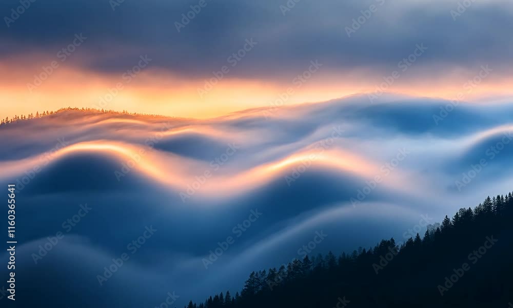 Serene landscape of rolling fog waves at sunrise, creating a tranquil atmosphere. Serene landscape of rolling fog waves at sunrise, creating a tranquil atmosphere.