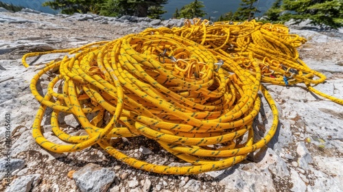 Yellow climbing ropes coiled on rocky ground. photo