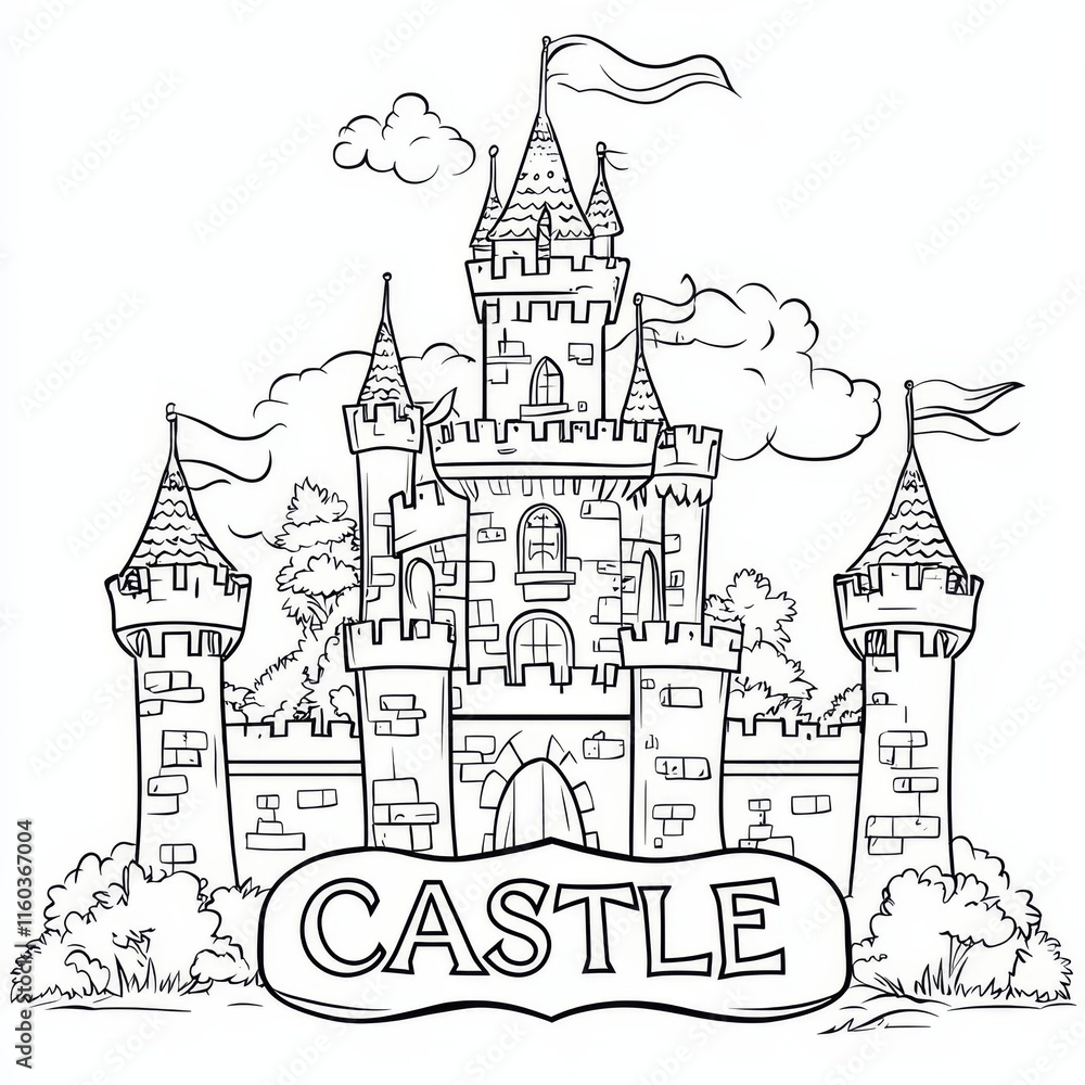 A Fairytale Castle: A charming and detailed black and white illustration of a majestic castle with towering spires, intricate details, and a welcoming entrance. A Fairytale Castle: A charming and detailed black and white illustration of a majestic castle with towering spires, intricate details, and a welcoming entrance.