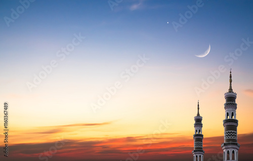 Masjid dome islam moon star night isra miraj namaz sunset background mubaruk greeting islam ramadan element masjid aqsa hajj kaaba umrah eid arabian religion islamic arab muslim greeting miraj kaaba. photo