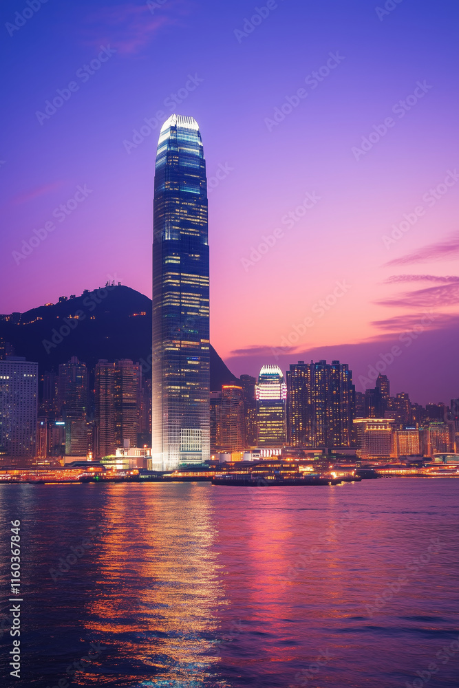 Fototapeta premium city ​​skyline with various simplified building shapes arranged along the horizon line with geometric design elements