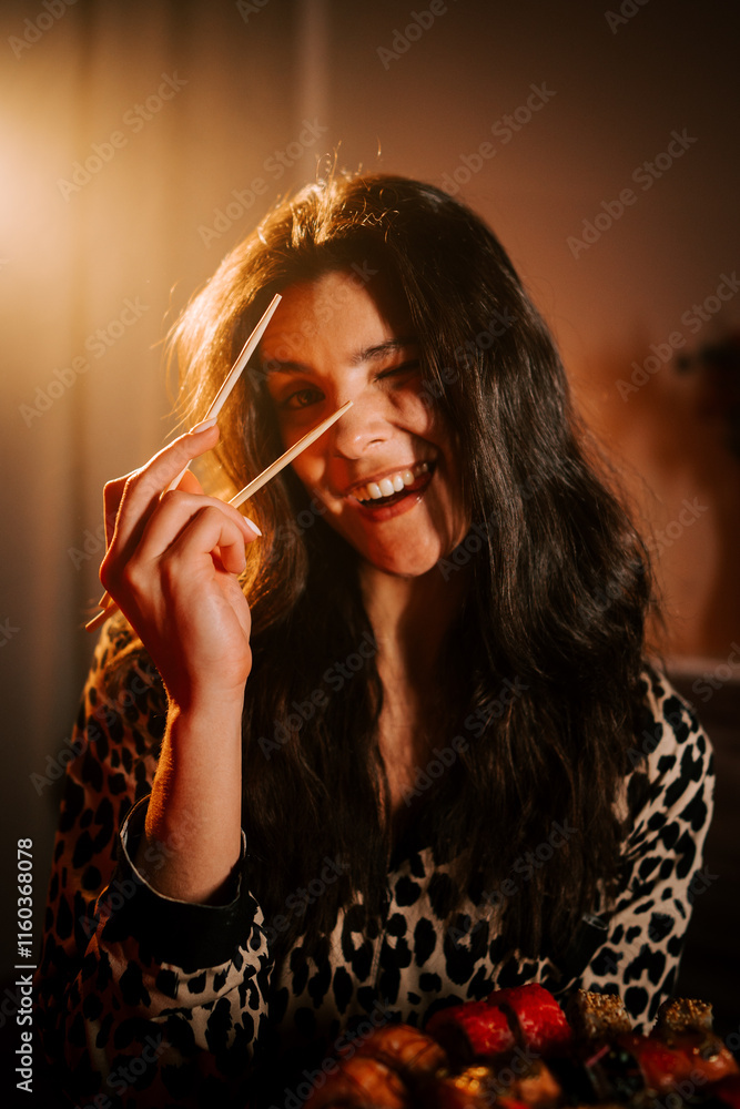 Obraz premium Woman enjoying fresh sushi in bed while wearing comfortable pajamas in warm evening light