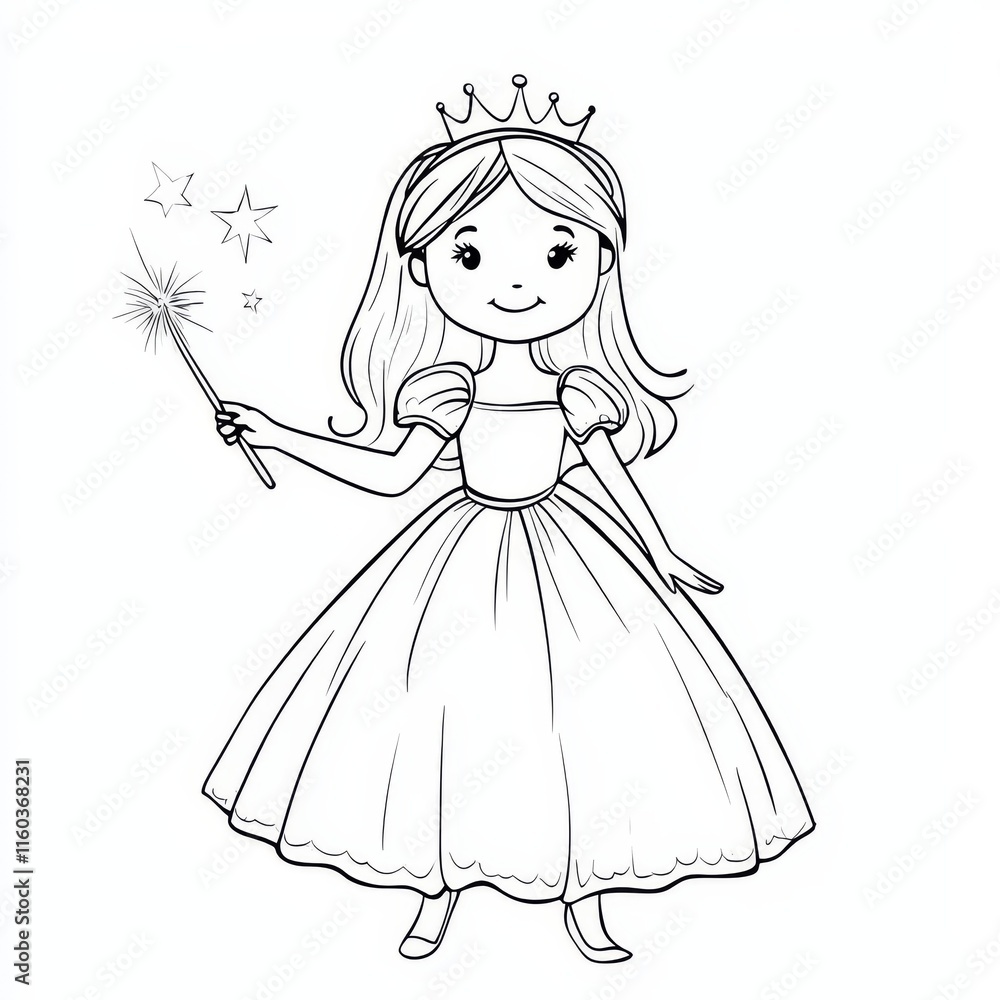 Fototapeta premium Whimsical Princess Illustration: A captivating illustration of a princess adorned with a crown, radiating an aura of enchantment as she holds a magic wand, evoking a sense of fairytale wonder.