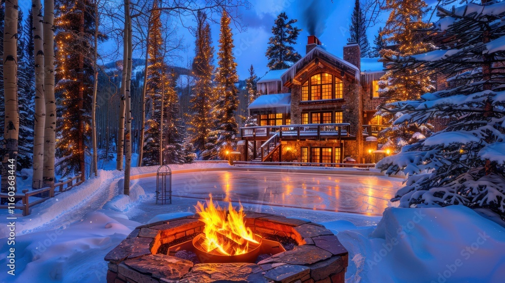Cozy winter scene with a fire pit, ice rink, and luxurious cabin. Cozy winter scene with a fire pit, ice rink, and luxurious cabin.