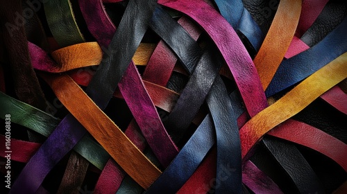 distinctive design where rainbow-colored ribbons weave through a backdrop of dark leather. The contrast between the soft, glowing colors and the rich texture of the leather creates a striking visual photo