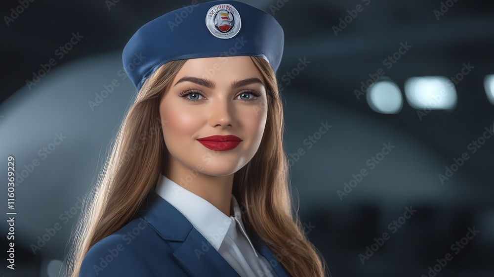 Close-up Photo: Confident Air Hostess Smiles Brightly, Airliner Background. AI Generated Close-up Photo: Confident Air Hostess Smiles Brightly, Airliner Background. AI Generated