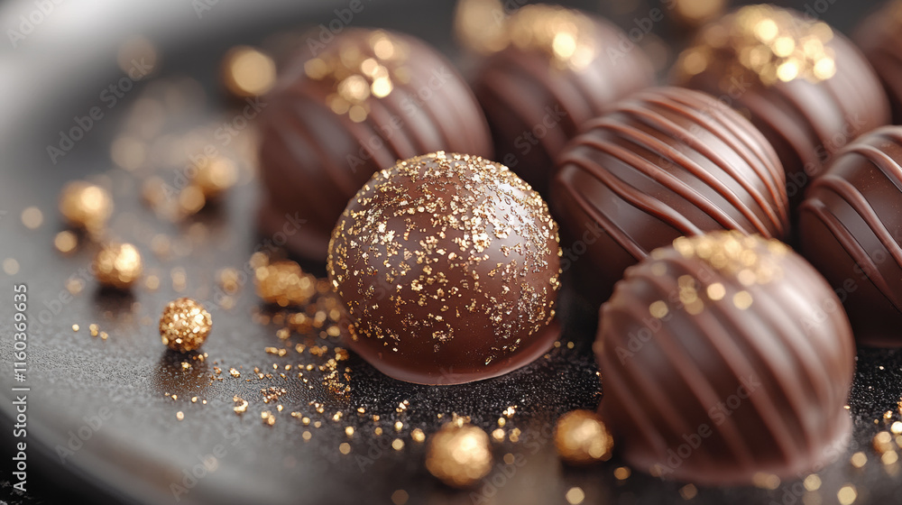 Delicious chocolate truffles with glossy finish and golden sprinkles Delicious chocolate truffles with glossy finish and golden sprinkles