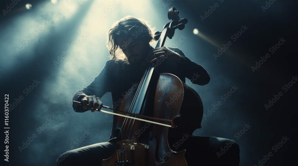 Fototapeta premium Cellist performing on stage, dramatic lighting, musical instrument.