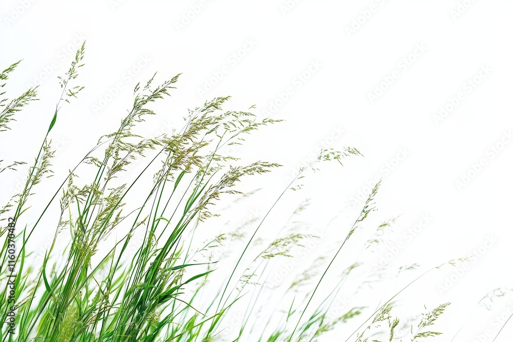 Green grass stalks swaying in the wind against a white background. Green grass stalks swaying in the wind against a white background.
