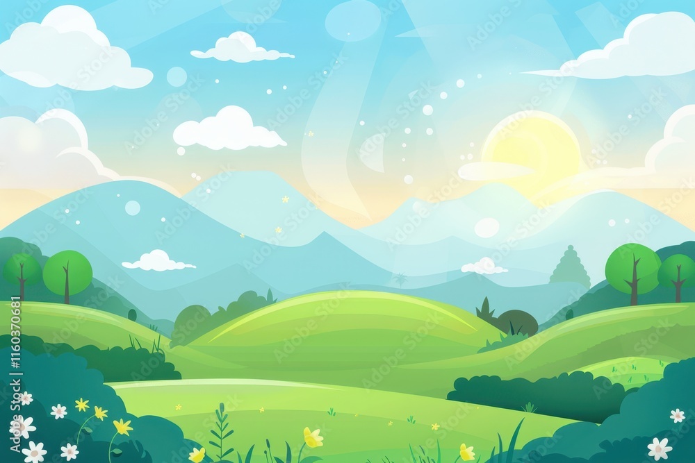 Obraz premium Cartoon Landscape with Rolling Hills, Green Grass, and a Sunny Sky