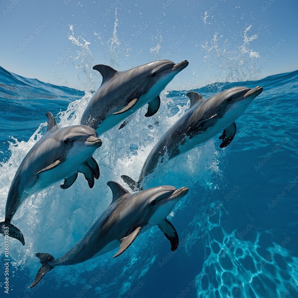 Obraz premium A group of dolphins leaping out of sparkling blue water.