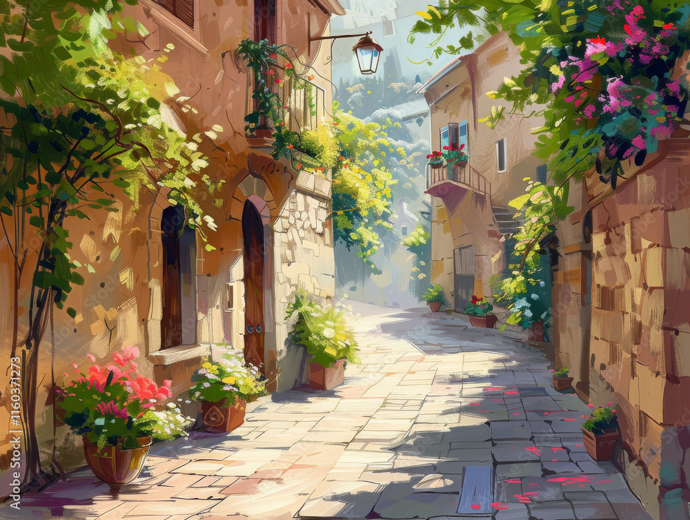 Mediterranean style street view oil painting style Mediterranean style street view oil painting style