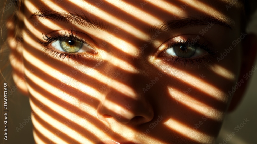 Close-up of a woman's face partially obscured by window blinds casting stripes of light and shadow.