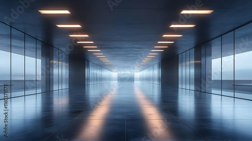 Empty Modern Corridor Illuminates with Recessed Lighting and Glass Walls Reflecting a Hazy Sky Seamlessly