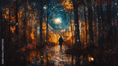 Wallpaper Mural Person walks path through mystical, colorful forest towards bright moon. Torontodigital.ca