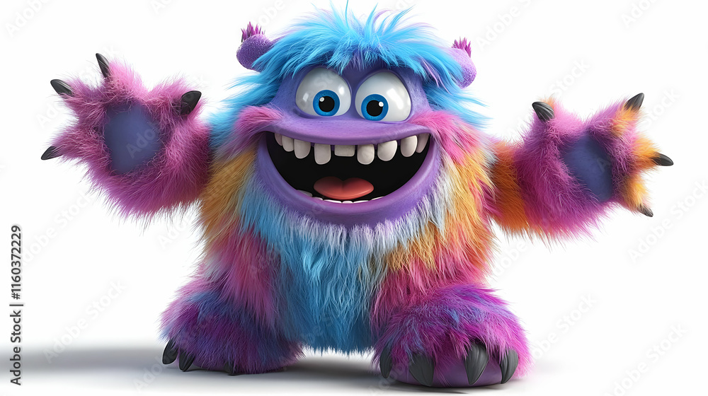 3D Colorful Furry Monster Opens Its Mouth Wide and Reaches Out with Claws Playfully on a White Background. 3D Colorful Furry Monster Opens Its Mouth Wide and Reaches Out with Claws Playfully on a White Background.