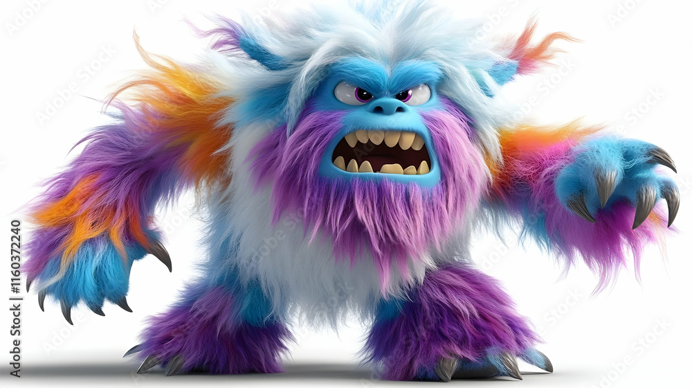 3D Illustration of a Colorful Furry Monster with Sharp Claws and Angry Expression 3D Illustration of a Colorful Furry Monster with Sharp Claws and Angry Expression