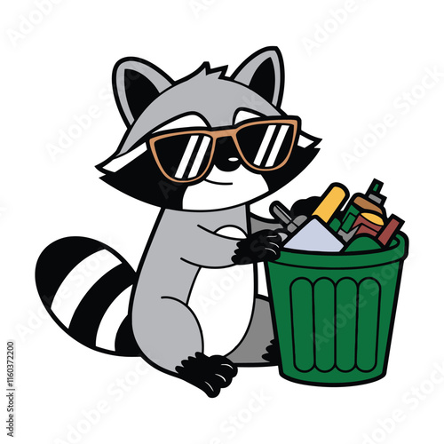 Cool Raccoon with Sunglasses and Trash Bin Illustration