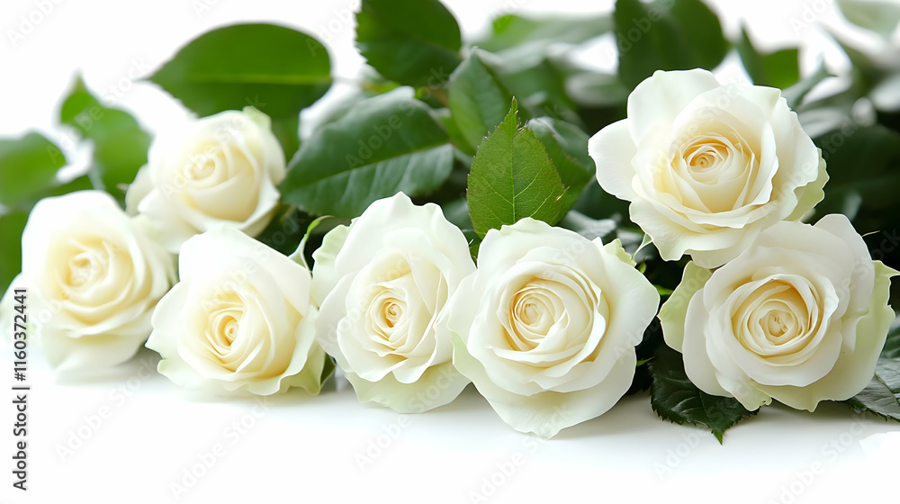 Beautiful Bouquet of White Roses Lies Gracefully on a White Background with Lush Green Leaves Beautiful Bouquet of White Roses Lies Gracefully on a White Background with Lush Green Leaves