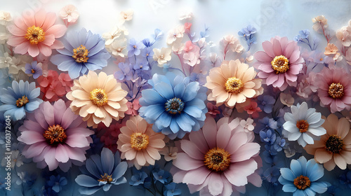 Colorful Paper Flowers Bloom Beautifully Across a Soft Blue Backdrop