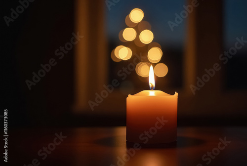 A lit candle illuminates a setting with bokeh lights photo