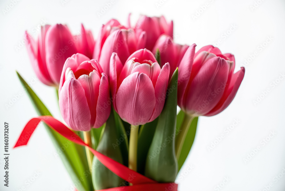 Fototapeta premium Bright pink tulips in a bouquet tied with a red ribbon - close-up