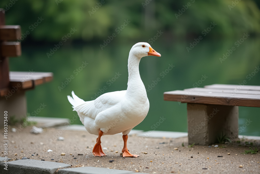 A white goose with orange feet and a red beak. A white goose with orange feet and a red beak.