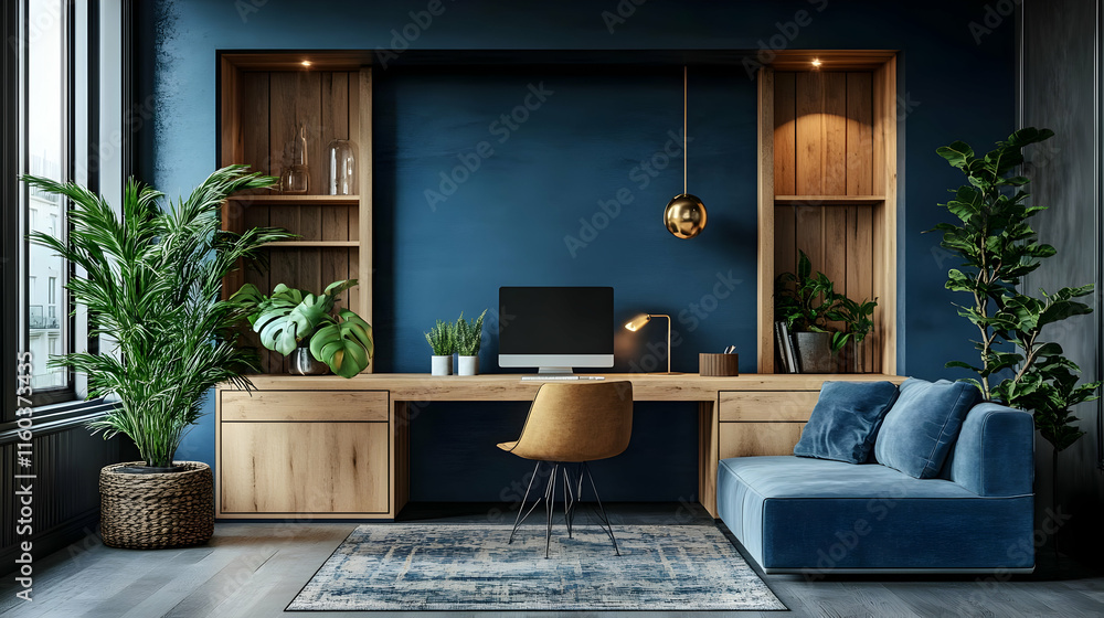 Modern Home Office Interior Design Showcases a Blue Wall, Wood Desk, and Stylish Decor. Modern Home Office Interior Design Showcases a Blue Wall, Wood Desk, and Stylish Decor.
