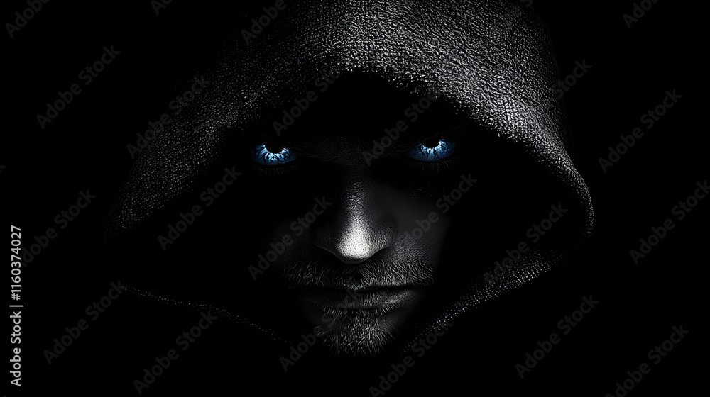 Hooded Figure with Piercing Blue Eyes Emerges from Darkness Hooded Figure with Piercing Blue Eyes Emerges from Darkness