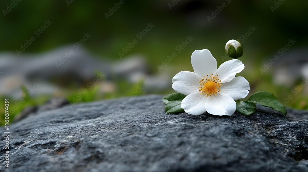 Fototapeta premium White flower blooms beautifully on a rock in a tranquil garden with a soft, blurred green background.