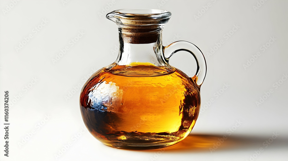 Clear Glass Decanter Filled with Golden Liquid Sits Elegantly on White Background, Embracing Simplicity. Clear Glass Decanter Filled with Golden Liquid Sits Elegantly on White Background, Embracing Simplicity.