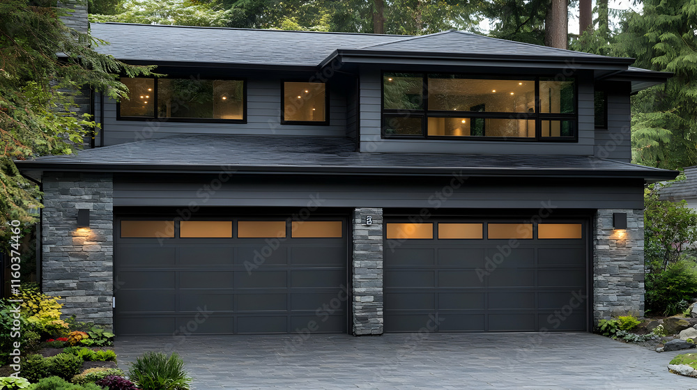Modern Home with Dark Gray Exterior and Two-Car Garage Stands Elegantly in Wooded Setting at Dusk