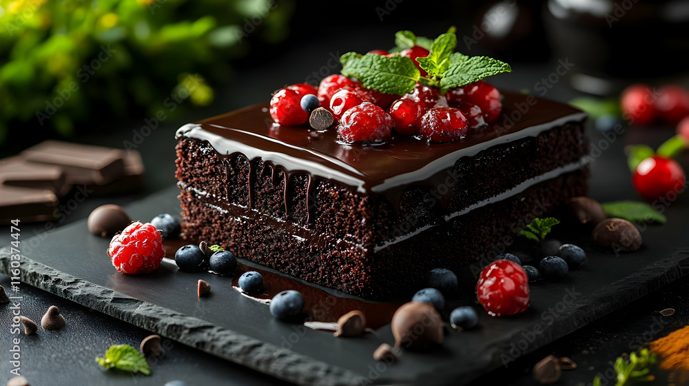 Delicious Chocolate Cake with Berries and Mint is beautifully decorated and plated. Delicious Chocolate Cake with Berries and Mint is beautifully decorated and plated.