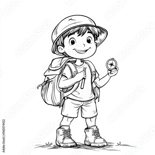 Little Explorer: A cheerful young boy, ready for adventure, stands with his backpack, compass, and walking stick.  His joyful expression invites exploration and discovery. photo