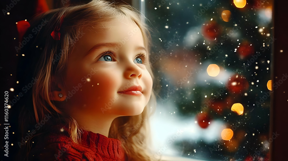 Little Girl Gazes at a Decorated Christmas Tree Through a Snowy Window with Wonder and Excitement. Little Girl Gazes at a Decorated Christmas Tree Through a Snowy Window with Wonder and Excitement.