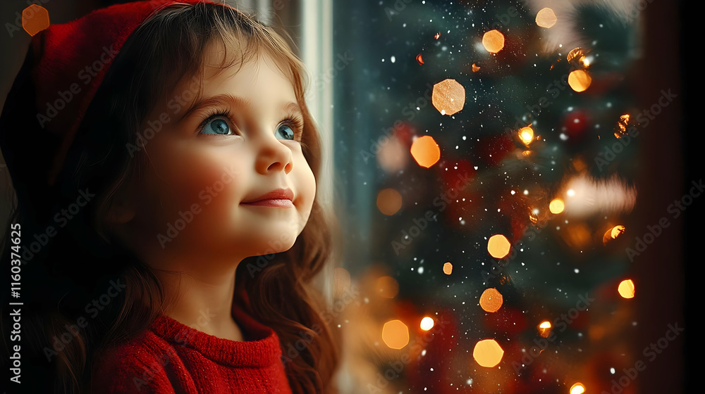 Little Girl in Red Looks Up at Sparkling Christmas Tree Lights Through Snowy Window Little Girl in Red Looks Up at Sparkling Christmas Tree Lights Through Snowy Window