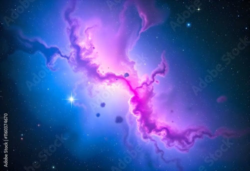 Purple nebula expanding in the vastness of deep space with bright stars shining photo