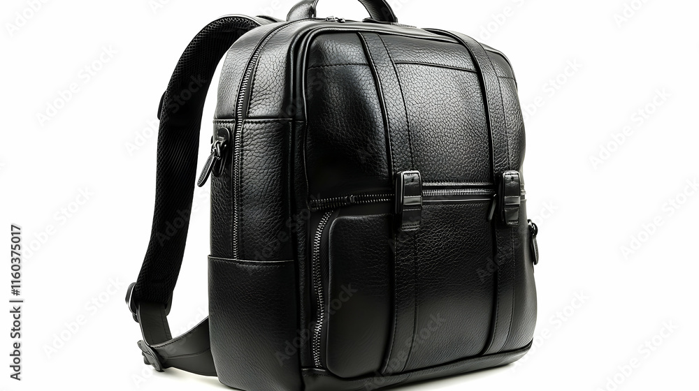 Black Leather Backpack Stands Upright on White Background, Showcasing Modern Design and Zippers Black Leather Backpack Stands Upright on White Background, Showcasing Modern Design and Zippers