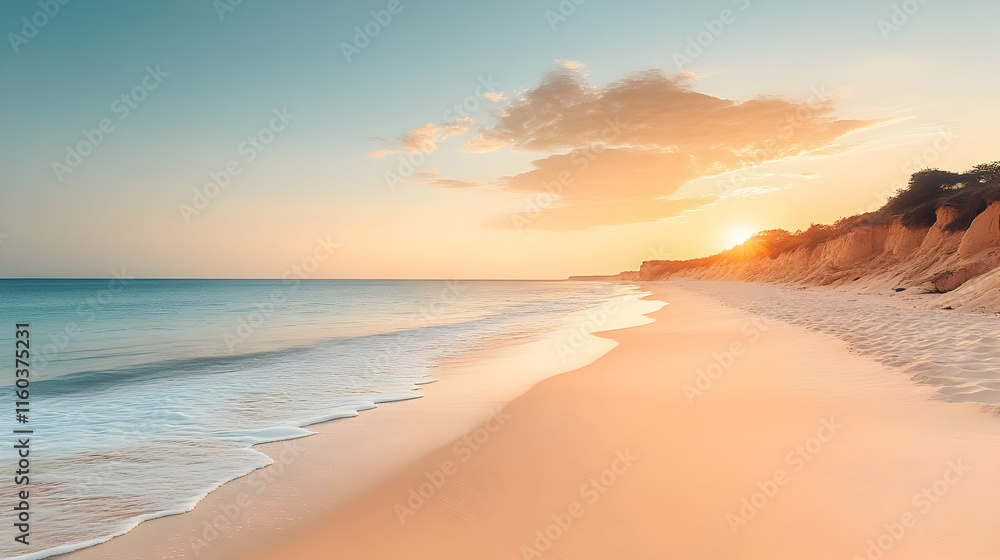 Tranquil sunset illuminates a serene beach with gentle waves caressing the sandy shore peacefully. Tranquil sunset illuminates a serene beach with gentle waves caressing the sandy shore peacefully.
